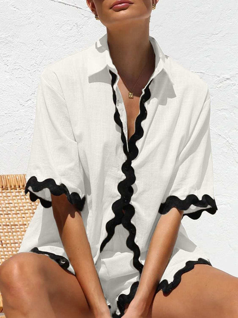 Contrast Trim Half Sleeve Top and Shorts Set - Trendsi - Flyclothing LLC