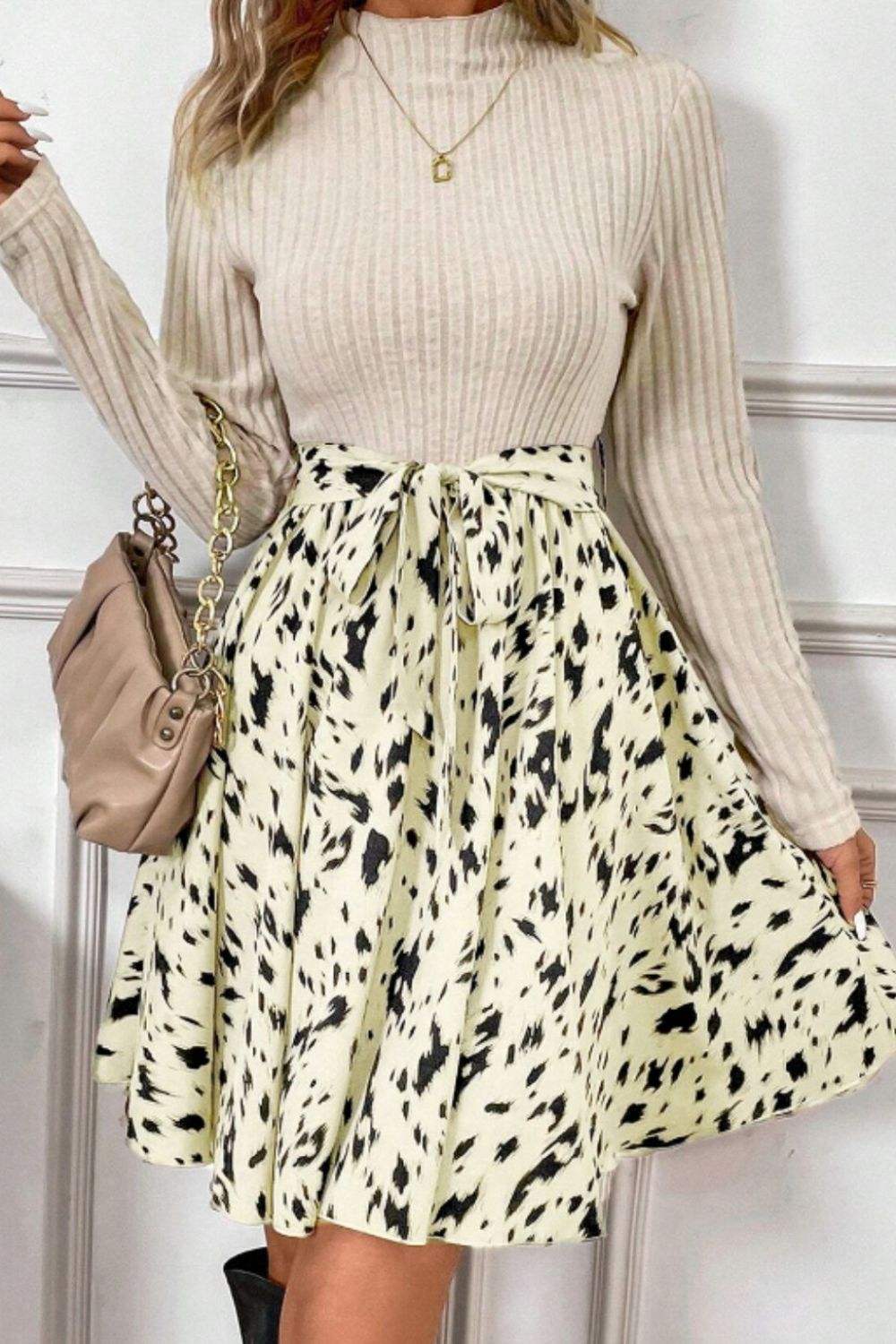 Printed Tie Waist Mock Neck Long Sleeve Dress - Trendsi - Flyclothing LLC