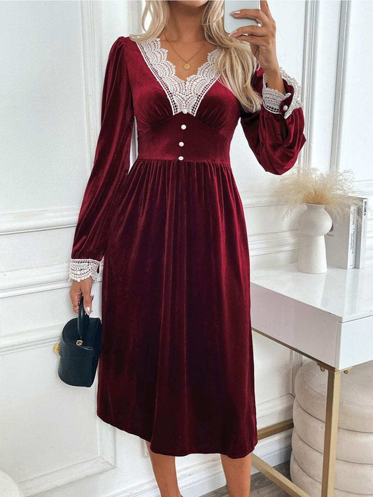 Perfee Lace Detail V-Neck Long Sleeve Midi Dress - Trendsi - Flyclothing LLC