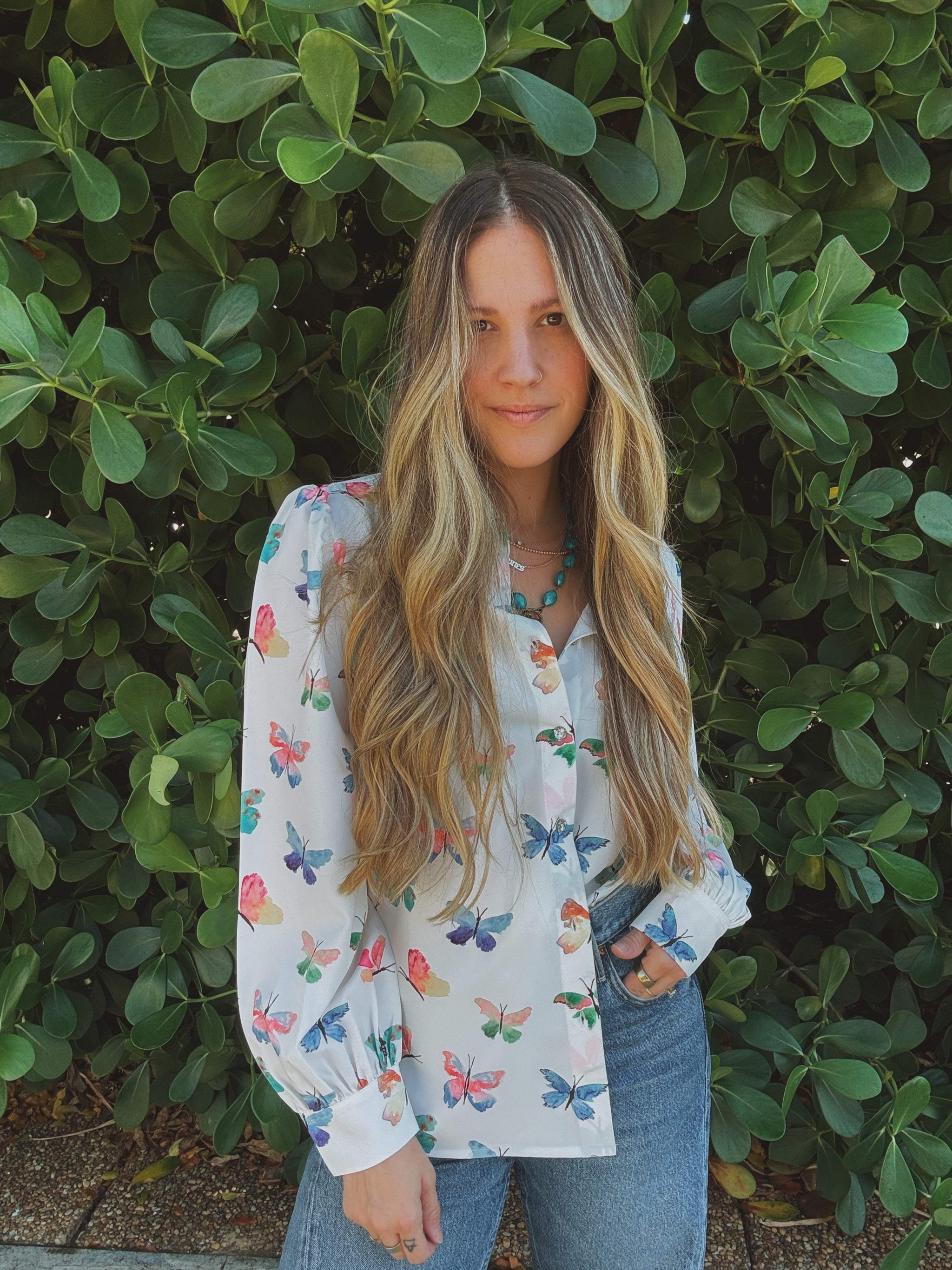 Eyes Without a Face Butterfly Button Up Blouse - Lil Bee's Bohemian - Flyclothing LLC