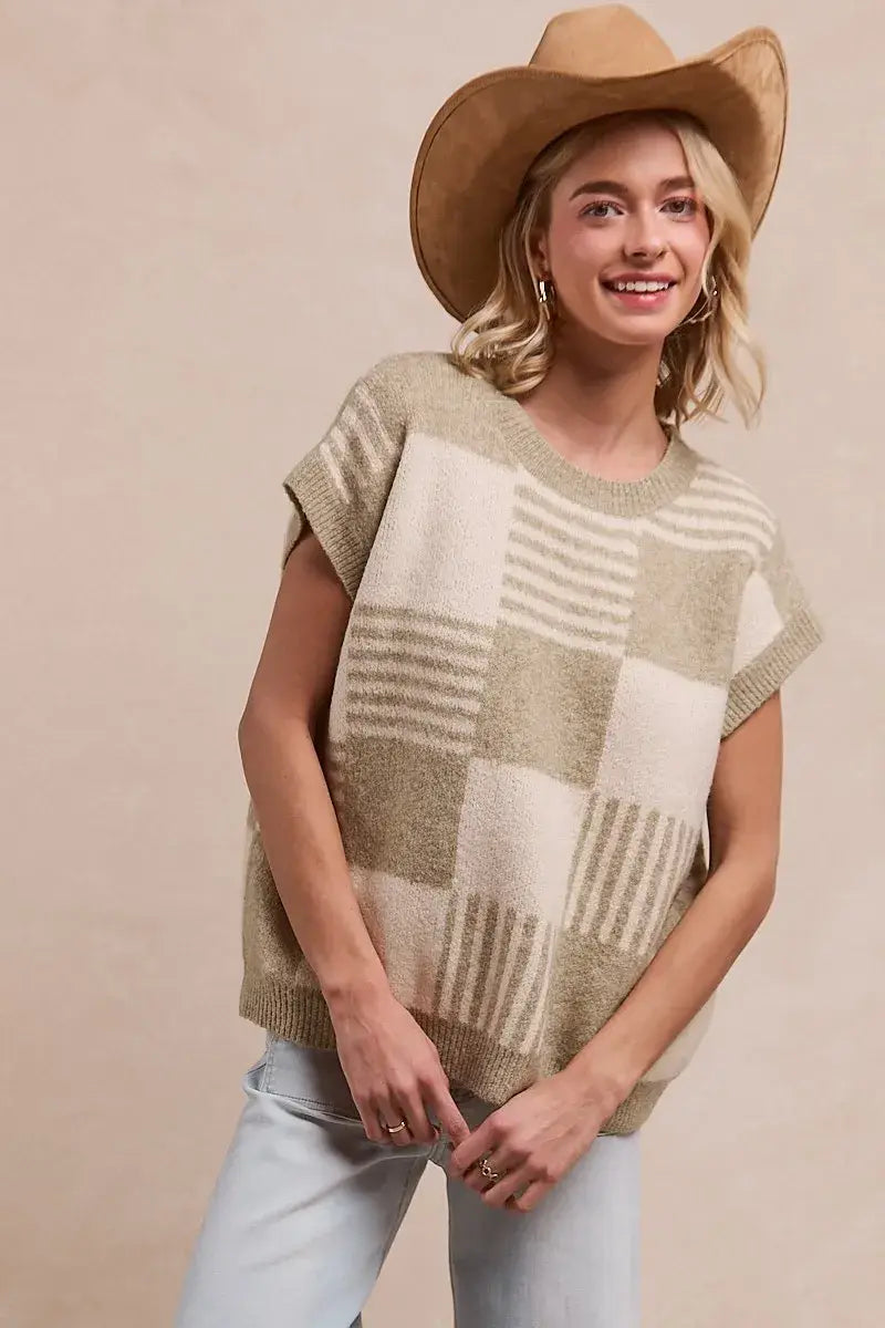 BiBi Checker With Stripes Pattern Sleeveless Sweater - Trendsi - Flyclothing LLC