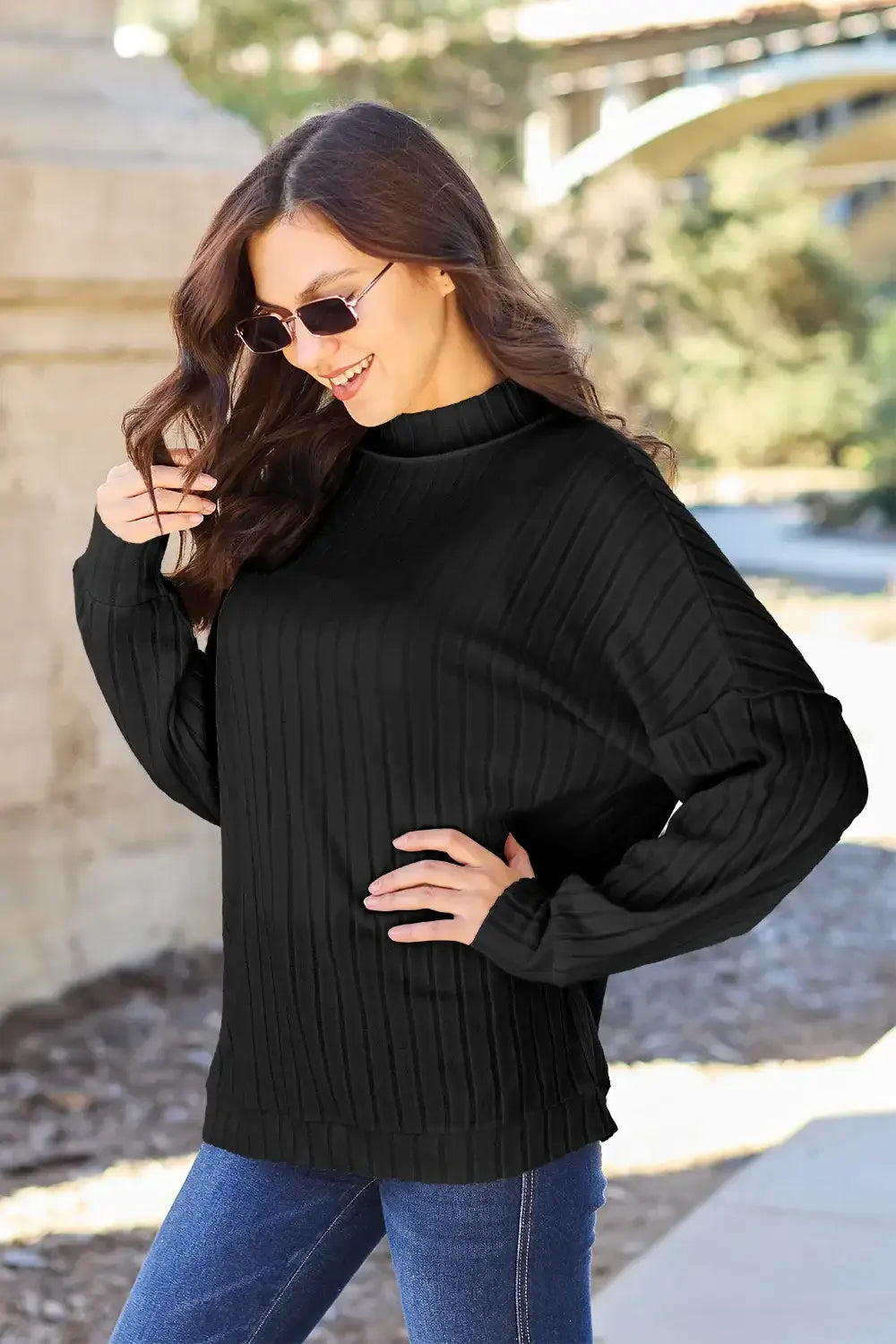 Basic Bae Full Size Ribbed Exposed Seam Mock Neck Knit Top - ShopBasicbae - Flyclothing LLC