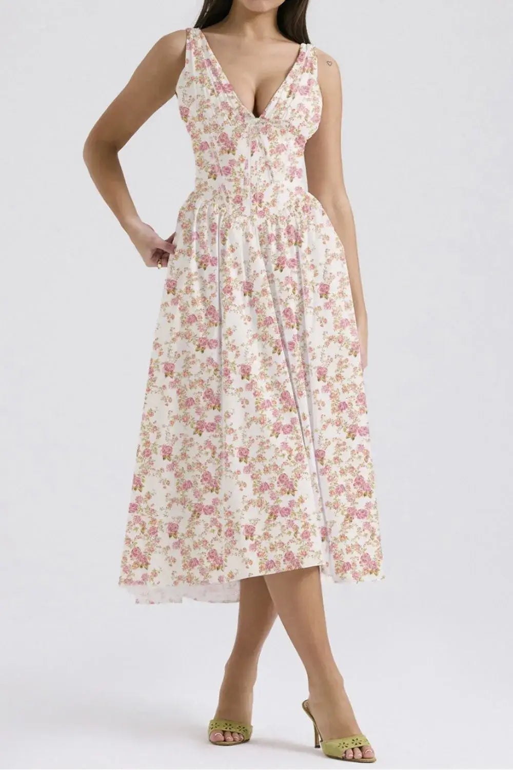 Floral V-Neck Sleeveless Midi Dress with Pockets - Trendsi - Flyclothing LLC