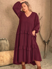 Plus Size Ruffled V-Neck Long Sleeve Dress - Trendsi