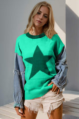 Double Take Full Size Star Pattern Raw Edge Long Sleeve Sweater - Trendsi - Flyclothing LLC