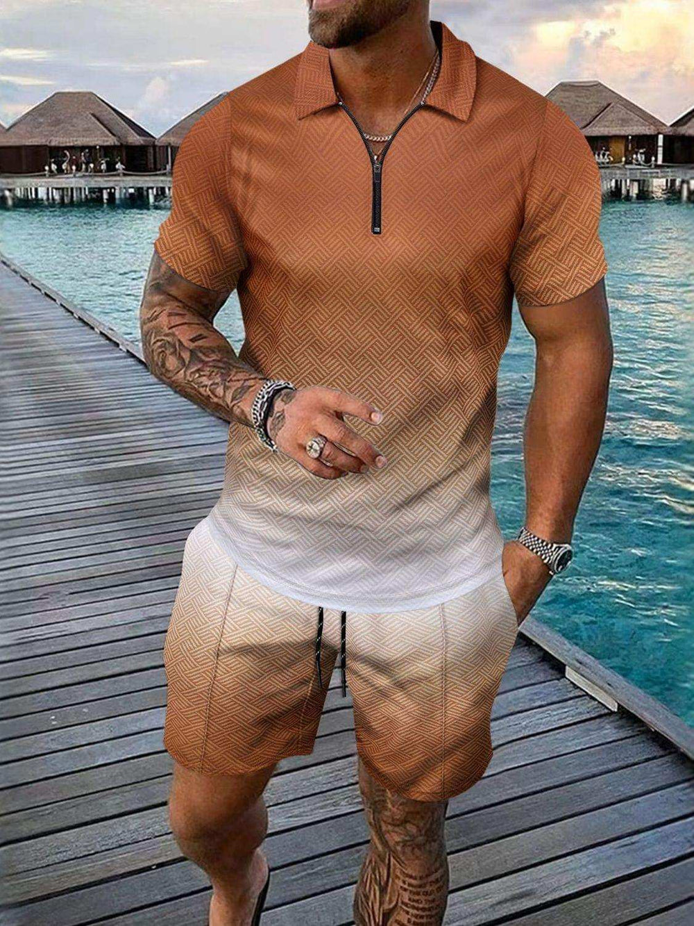 Men's Full Size Gradient Collared Neck Top and Shorts Set Plus Size - Trendsi - Flyclothing LLC