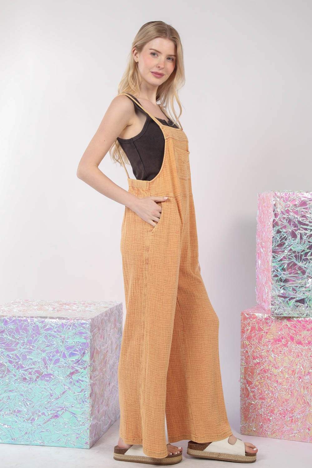 VERY J Texture Washed Wide Leg Overalls - Trendsi - Flyclothing LLC