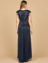 Beaded Fringe V-Neckline Dress with Cap Sleeves | Lara 28858