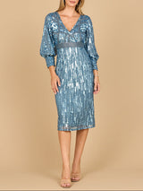 Lara 28855 - Beaded A-line Midi Dress with Long Sleeves