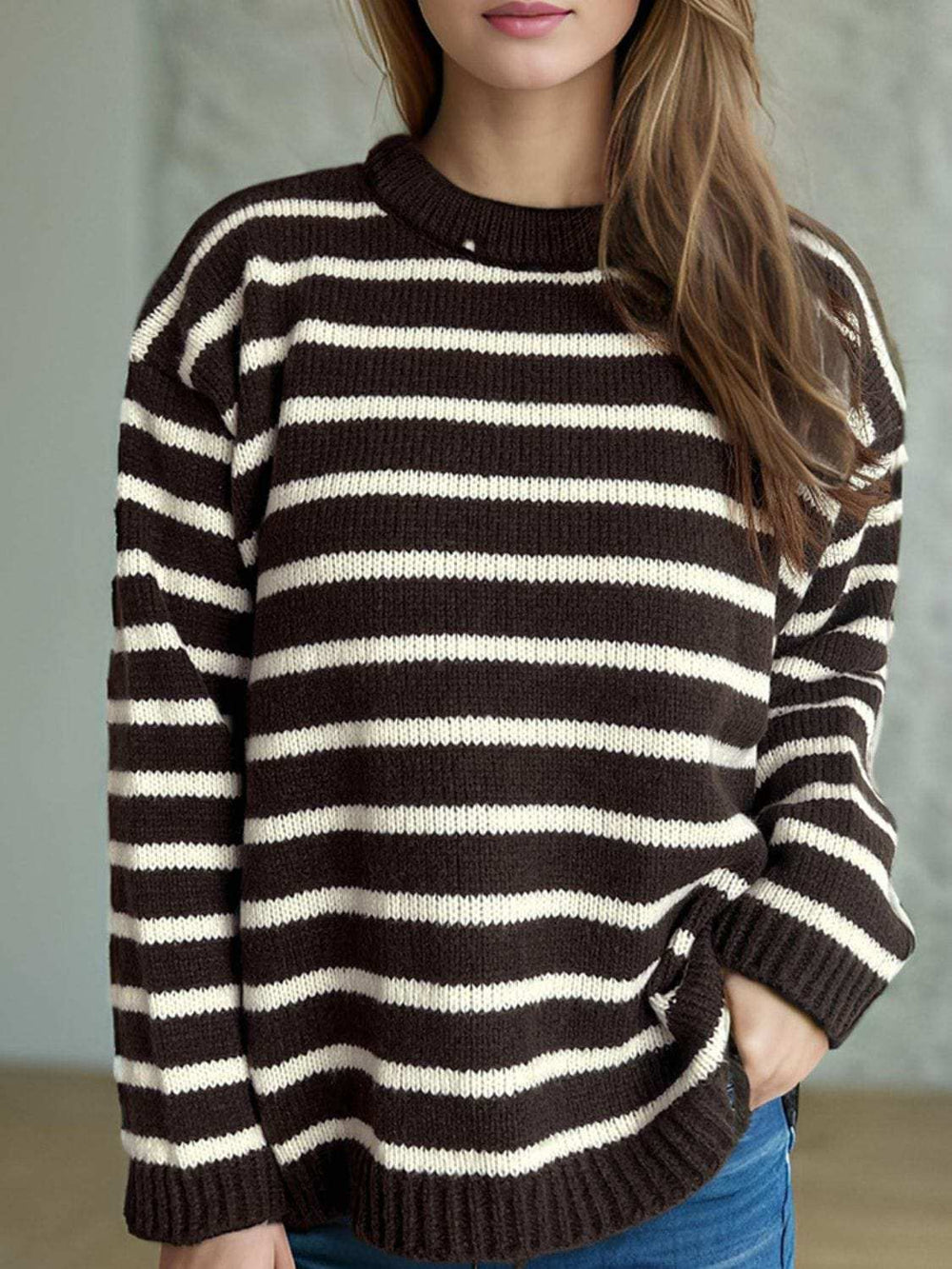 Striped Round Neck Long Sleeve Sweater - Trendsi - Flyclothing LLC