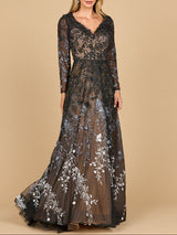 Lara 28878- Long Sleeve V-Neck Ombre Lace Gown