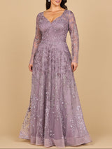 Lara 28878- Long Sleeve V-Neck Ombre Lace Gown