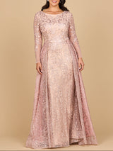 Long Sleeve Gown with Overskirt & Illusion Neckline