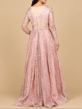 Long Sleeve Gown with Overskirt & Illusion Neckline