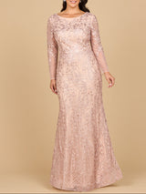 Long Sleeve Gown with Overskirt & Illusion Neckline