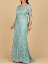 Long Sleeve Gown with Overskirt & Illusion Neckline