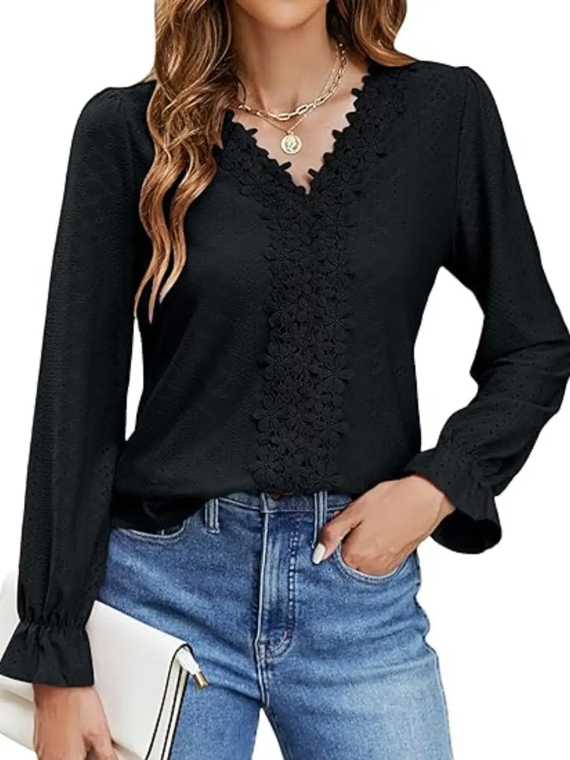 Lace Detail Eyelet V-Neck Flounce Sleeve Blouse - Trendsi - Flyclothing LLC
