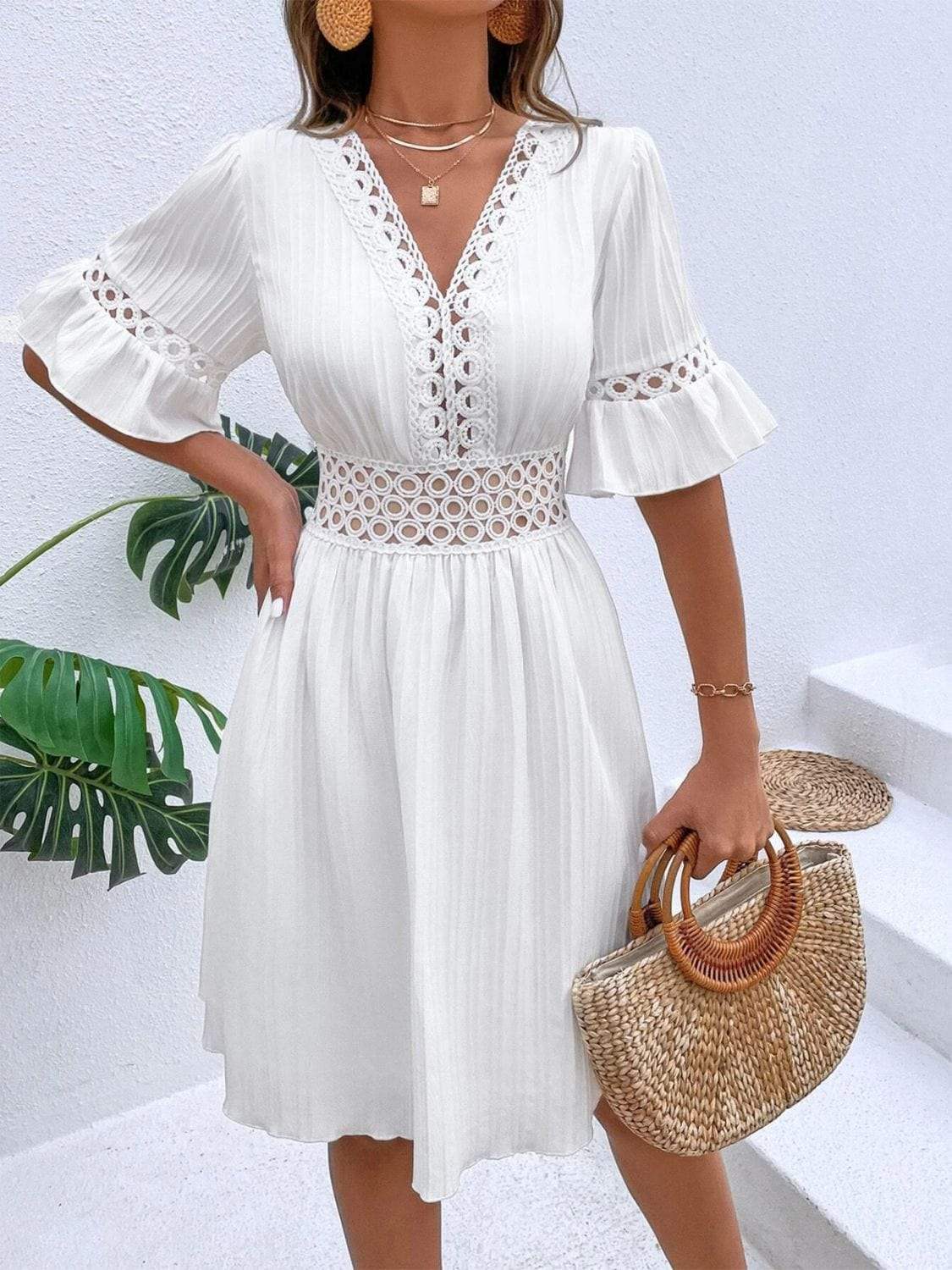 Cutout V-Neck Flounce Sleeve Mini Dress - Trendsi - Flyclothing LLC