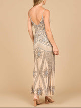 Contrast Beaded V-Neck Fitted Gown