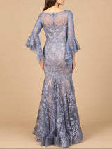 Illusion Neck, Long Bell Sleeve Gown