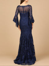 Illusion Neck, Long Bell Sleeve Gown