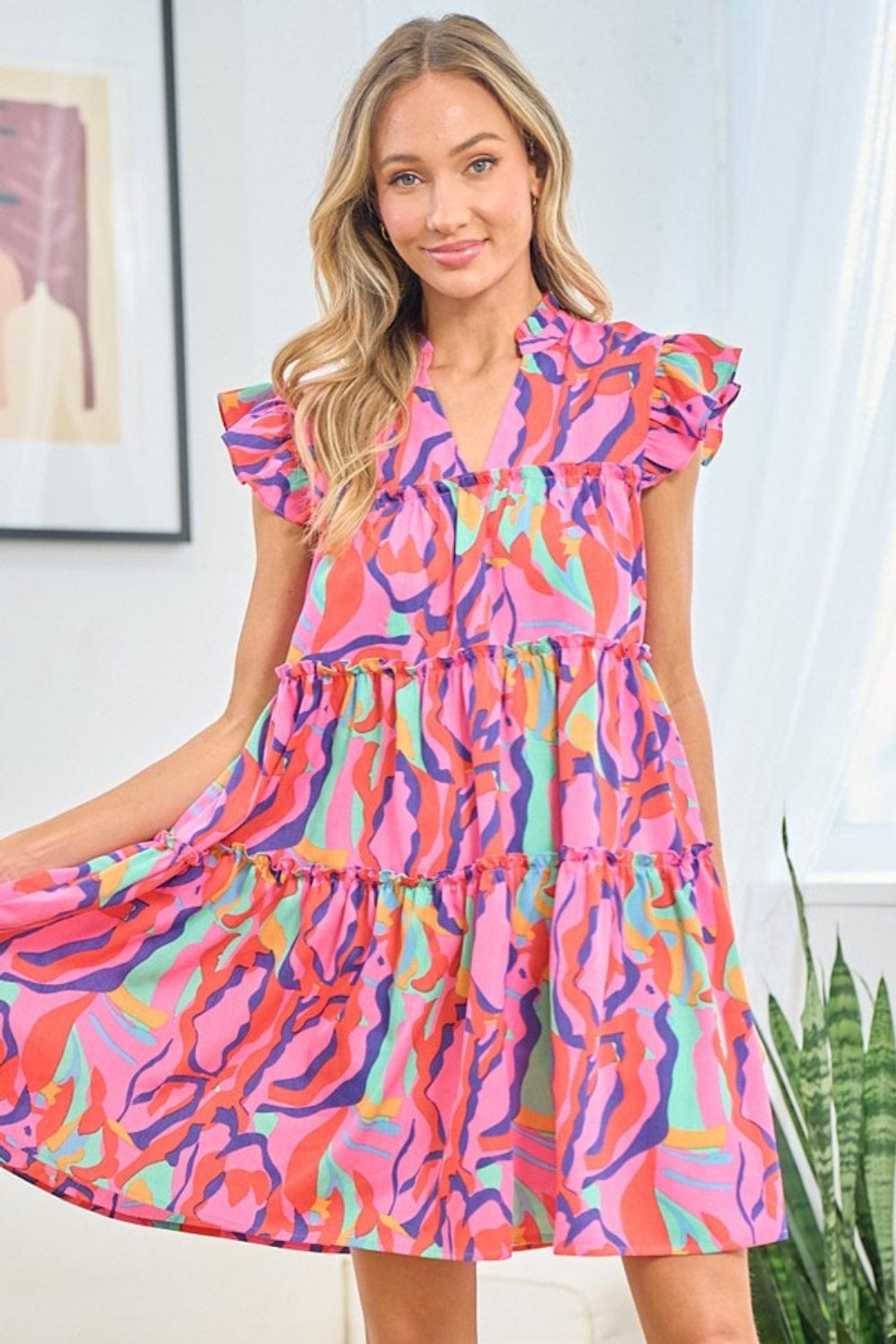 First Love Full Size Printed Ruffle Cap Sleeve Tiered Dress - Trendsi