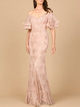 Off Shoulder Mermaid Gown with Tiered Sleeves