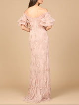 Off Shoulder Mermaid Gown with Tiered Sleeves