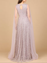 Beaded Lace Gown with Cape Sleeves