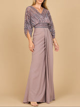 Lara 28950- Draped Skirt Gown with Cape Sleeves