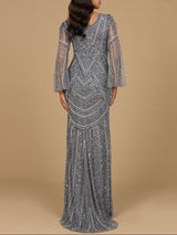 Long Sleeve Beaded Gown with Trumpet Sleeves