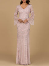 Long Sleeve Beaded Gown with Trumpet Sleeves