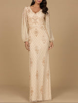 Long Sleeve Beaded Gown with Bishop Sleeves