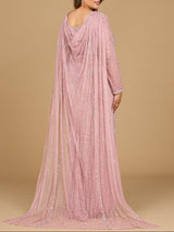 Long Sleeve Beaded Gown with Cape