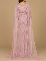 Long Sleeve Beaded Gown with Cape