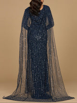 Long Sleeve Beaded Gown with Cape
