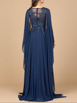 Chiffon A-line Long Gown with Cape Sleeves