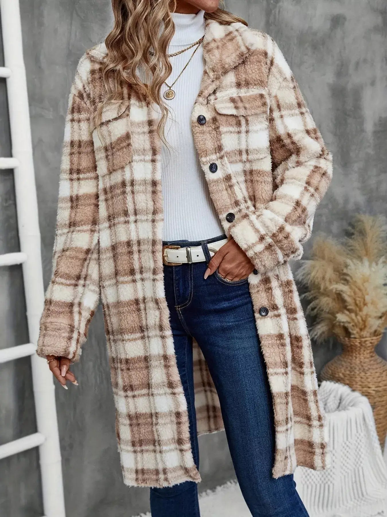 Plaid Fleece Button Up Longline Outerwear - Trendsi - Flyclothing LLC
