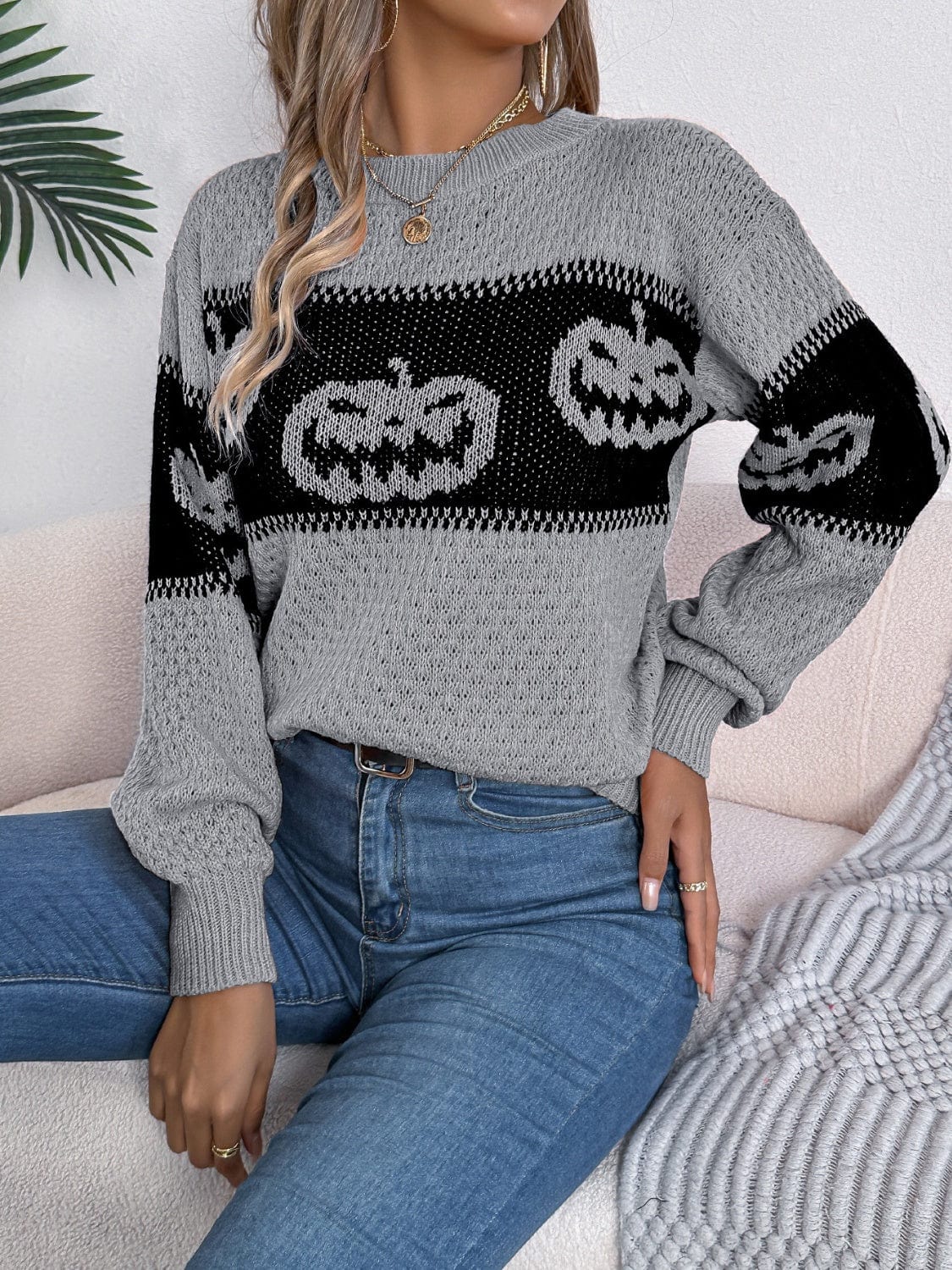 Pumpkin Round Neck Long Sleeve Sweater - Trendsi