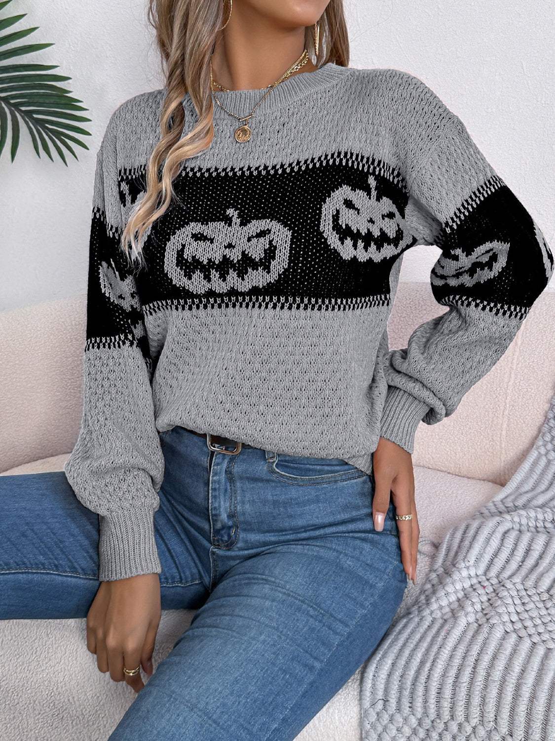 Pumpkin Round Neck Long Sleeve Sweater - Trendsi - Flyclothing LLC