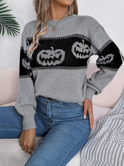 Pumpkin Round Neck Long Sleeve Sweater - Trendsi