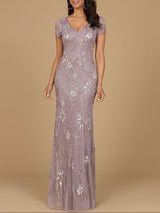 V-Neck, Short Sleeve Beaded Gown