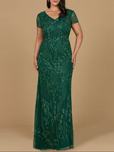 V-Neck, Short Sleeve Beaded Gown