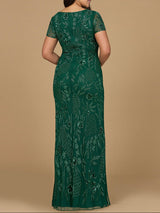 V-Neck, Short Sleeve Beaded Gown