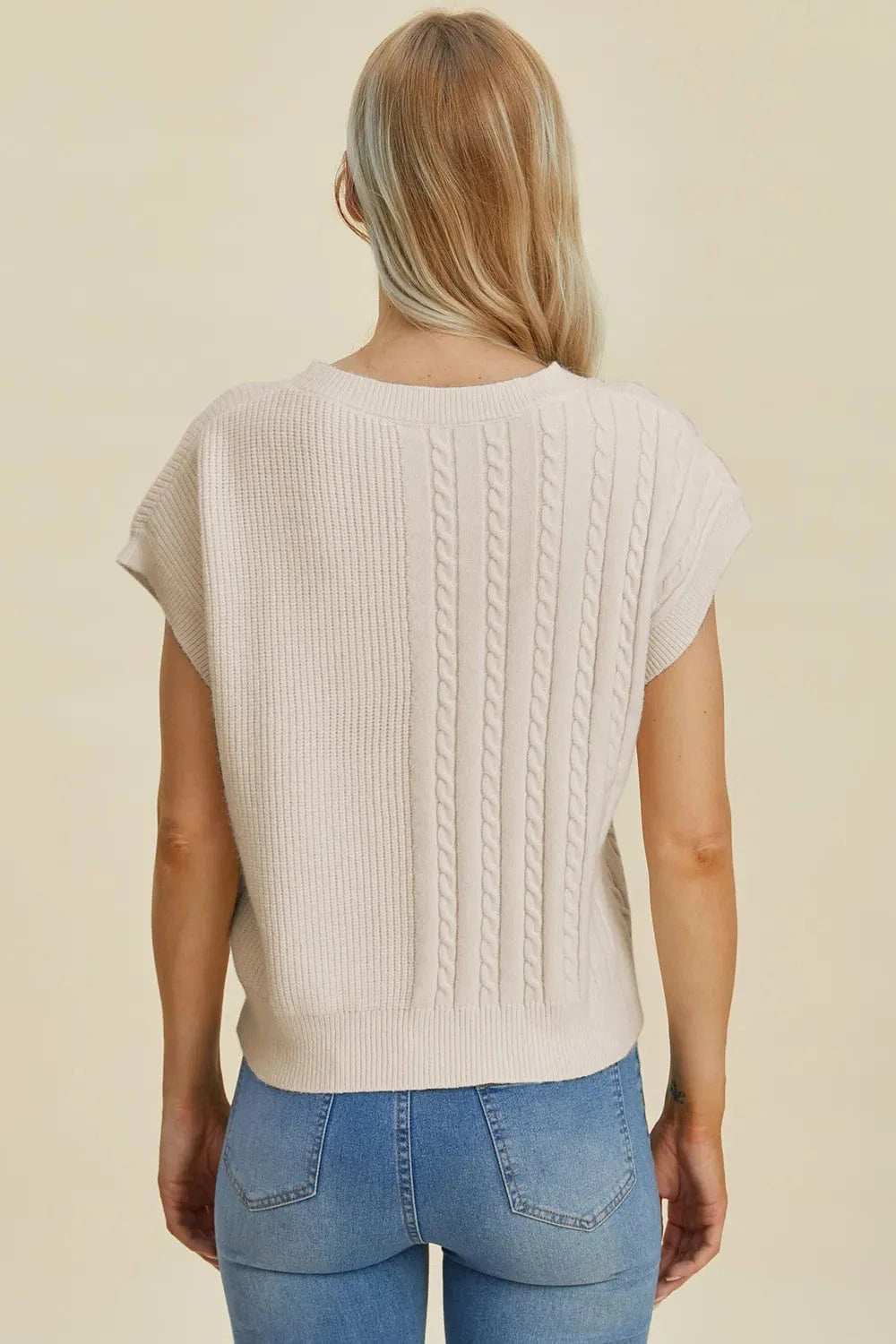 Double Take Full Size Cable-Knit Round Neck Short Sleeve Sweater - Trendsi - Flyclothing LLC