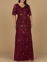 V-Neck, Cape Sleeve Beaded Gown