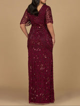 V-Neck, Cape Sleeve Beaded Gown