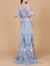 Embroidered, Cape Sleeve A-line Gown