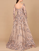 Long Sleeve Scoop Neck Lace Gown with Overskirt