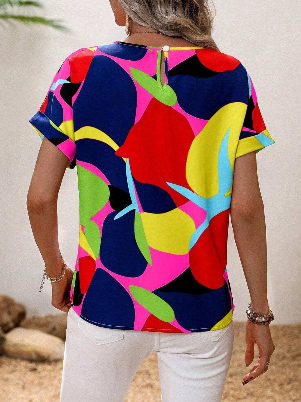 Contrast Round Neck Short Sleeve Blouse - Trendsi - Flyclothing LLC